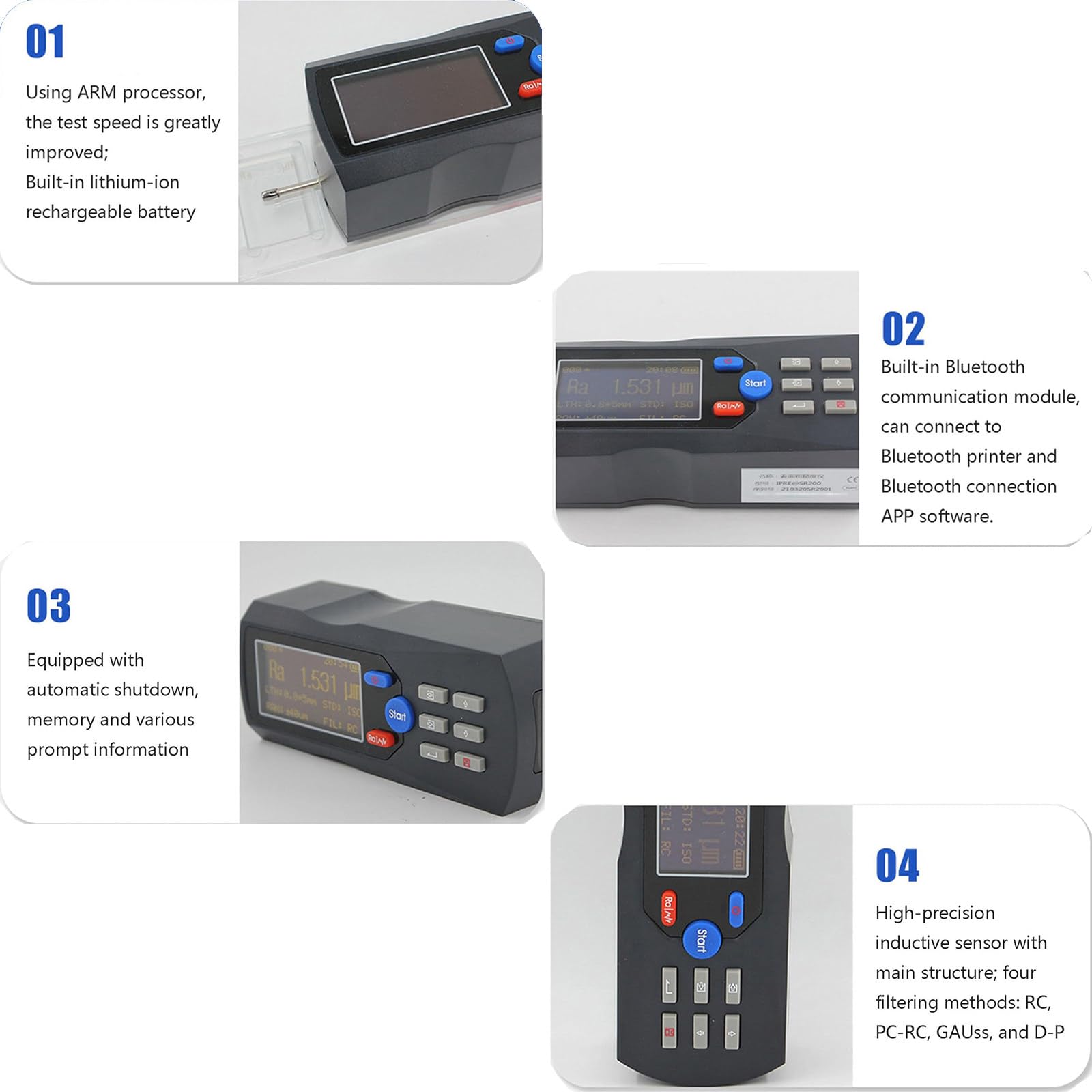 Rugosimètre numérique Portable avec écran LCD, rugosimètre métaux, Plage de Mesure ra : 0,025 µm à 12,5 µm, précision de Mesure : 0,001 µm, Rechargeable. White