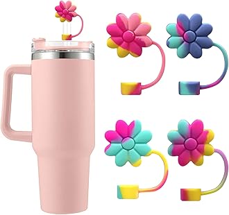 SEMATA Flower Straw Covers Toppers Silicone Accessories for Stanley Cups 30&40 Oz Tumbler with Handle Reusable Colorful Straw Caps Tips for Stanley 0.4in Straws Dust-Proof Straw Lids(4 Pcs)