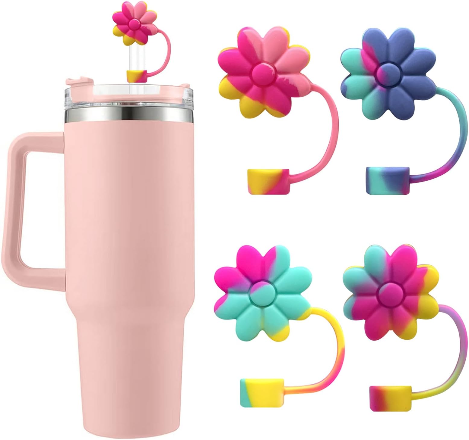 Flower Straw Covers Toppers Silicone Accessories for Stanley Cups 30&40 Oz Tumbler with Handle Reusable Colorful Straw Caps Tips for Stanley 0.4in Straws Dust-Proof Straw Lids(4 Pcs)