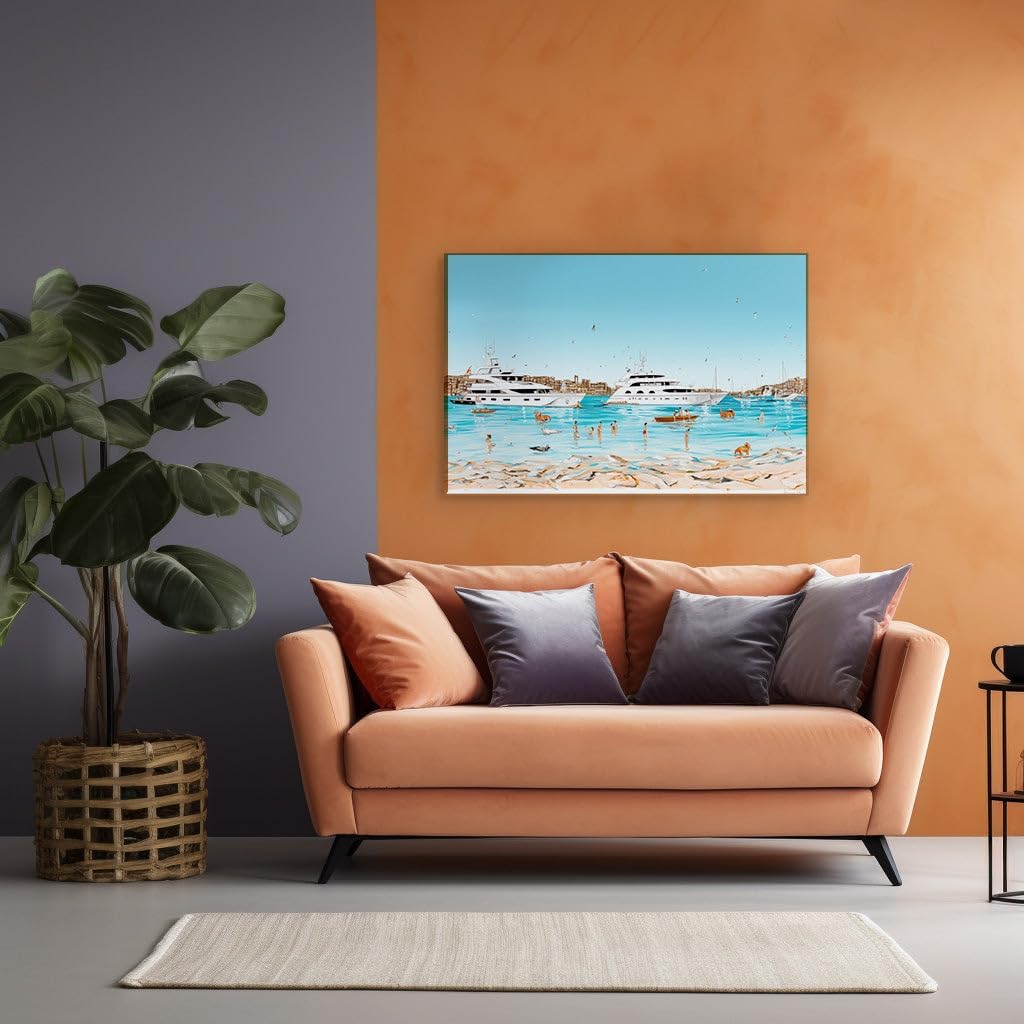 Canvas for Living room. Coastal Bliss Unleashed: Where Cerulean Waves Meet Leisure and Play, 27 x 18 inch Canvas Wall Art - Tranquility - Modern Home Decor
