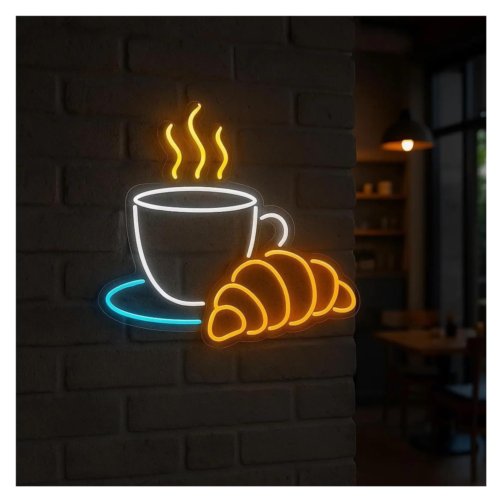 XENITE Hanging Art Neon Signs Croissant Coffee Neon Sign Adjustable Brightness for Bakeries Cafes Restaurant Wall Window Display Decor 43cm