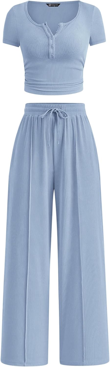 PRETTYGARDEN Womens 2 Piece Outfits Summer 2026 Ribbed Knit Button Short Sleeve Tops Casual Wide Leg Pants Lounge Sets