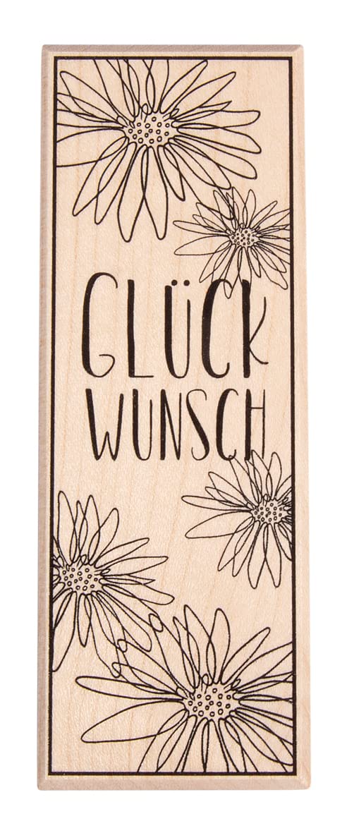 Rayher Wood Mounted Rubber Stamp with Flower Design for Card Making and Scrapbooking, Craft Stamp with Flowers and Phrase, 4x11cm, 29247000