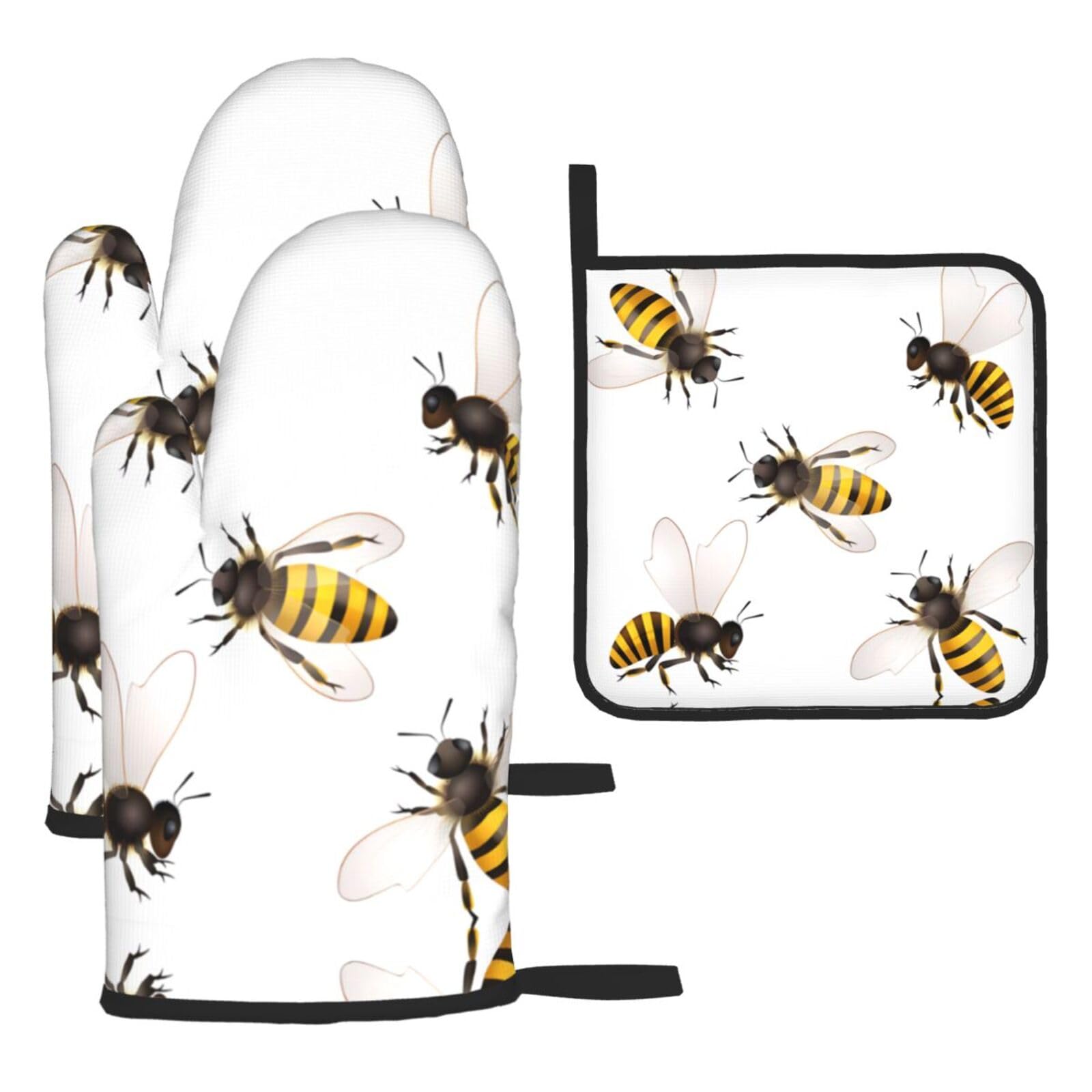 Honey Bee 3 Piece Kitchen Oven Mitt Set Heat Resistant Gloves with Pot Holder Mat Polyester Printed for Cooking Baking BBQ Grill