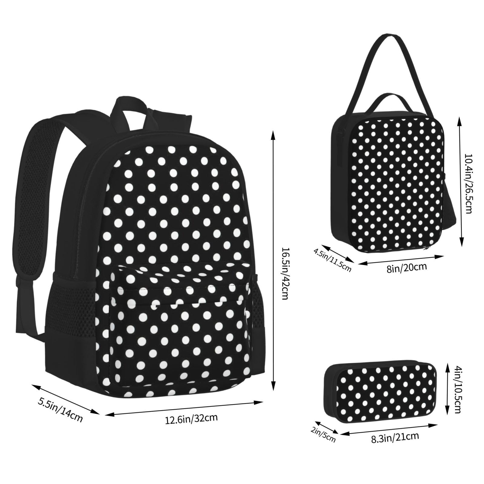 Juego de 3 mochilas escolares con estampado de lunares blancos y negros, mochila de gran capacidad resistente al agua para laptop con bolsa de almuerzo aislada y estuche para lápices para