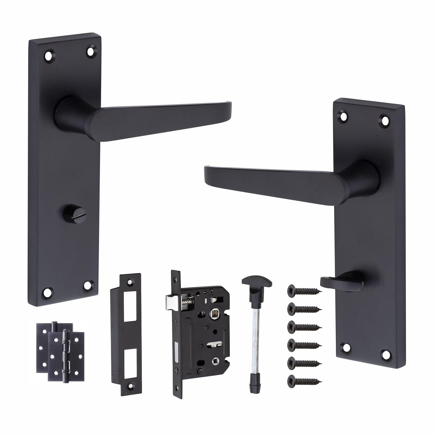 Golden Grace Victorian Straight Handle Bathroom WC Toilet Door Handles Complete in Matt Black with (GG) Bathroom Mortise Lock and 1 Pair of 3" Ball Bearing Hinges