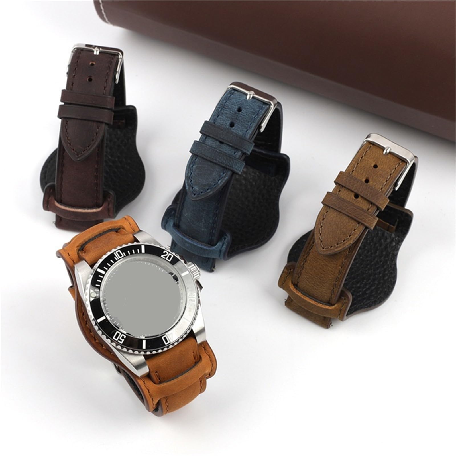 Bracelet de montre en cuir véritable 16-22 mm en cuir de vachette Crazy Horse marron avec plateau