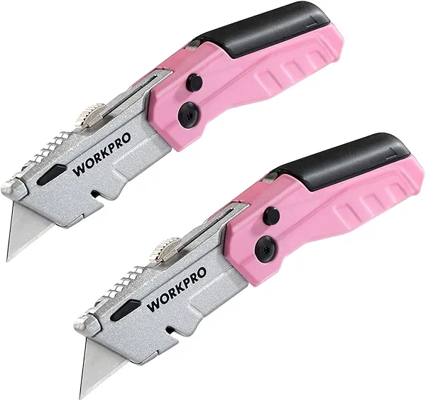 WORKPRO 2-Pack Folding Utility Knife set, Quick-Change Pink Box Cutter with Blade Storage Compartment Hidden in Lightweight Aluminum Die-cast Handle, 24 Extra Blades Included - Pink Ribbon