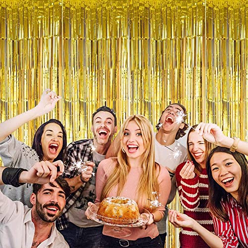 Image of 3Pcs Gold Metallic Tinsel Foil Fringe Curtains,3.2ft*8ft Gold Photo Booth Backdrop Streamer,Photo Booth Props,for Party Door Wall Curtains Bachelorette Birthday, Christmas,New Year Decorations