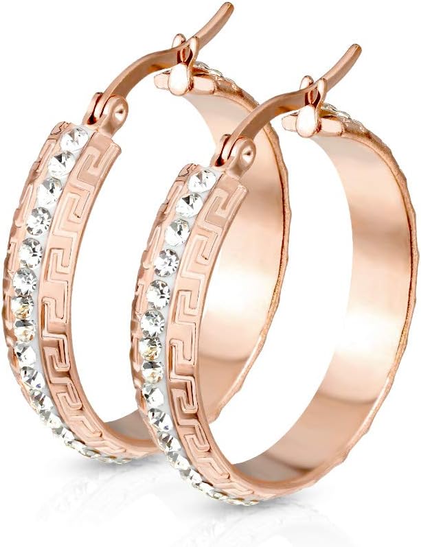 Women's 14K Gold Plated Maze Hoop with CZ Crystal Paved Center 316L Stainless Steel Earrings 30mm