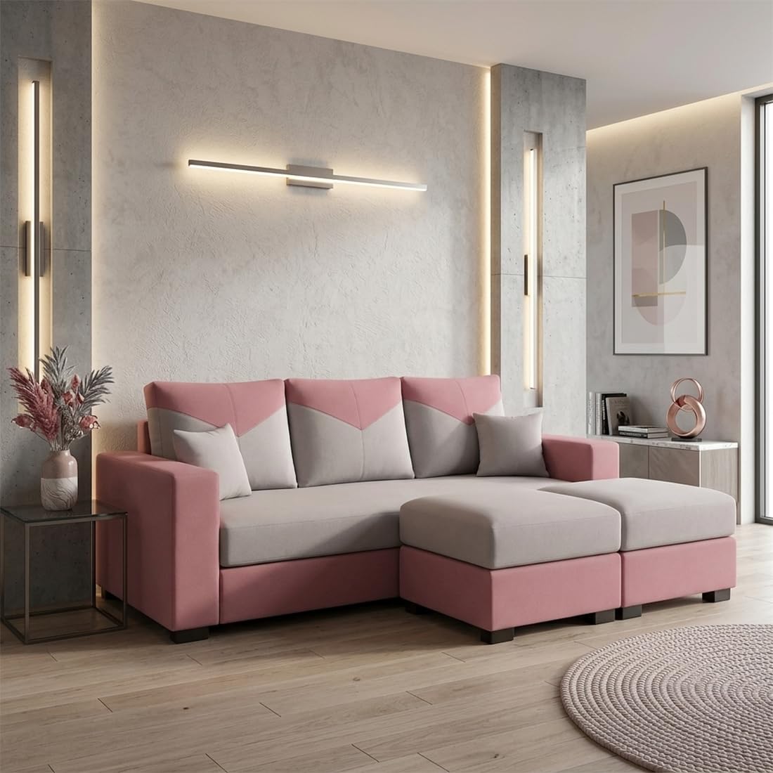 Alvaro Hazel 3 Seater Sofa Set with 2 Ottomans for Living Room | Premium Velvet Fabric Corner Sectional Sofa | Modern Space Saving Couch | No Assembly Required | Light Grey & Pink-picture-11