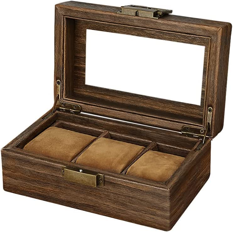 Image of House of Quirk Wooden Watch Box for Organizer, 3 Slots Watches Display Case Storage Boxes with Glass Lid (Wooden)