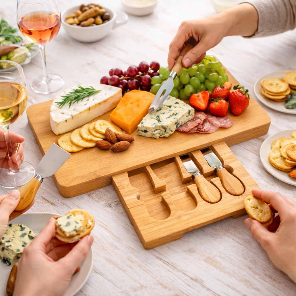 HomeZone Plateau à fromage en bambou avec couteau et plateau de service avec tiroir coulissant à couverts et tiroir de cuisine, cadeau divertissant