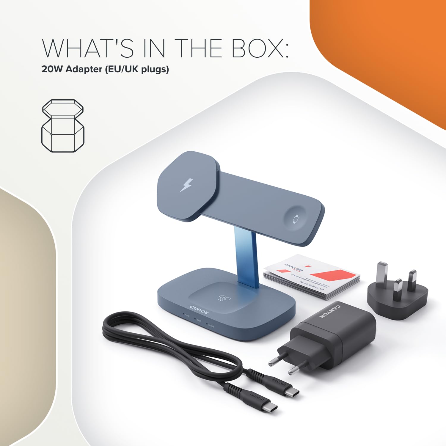 CANYON Hexagon WCS-310 - Estación de carga inalámbrica 3 en 1 para iPhone, Apple Watch y AirPods, cargador Qi rápido de 15 W, orientación magnética, indicador LED, adaptador de 20 W, gris oscuro/azul
