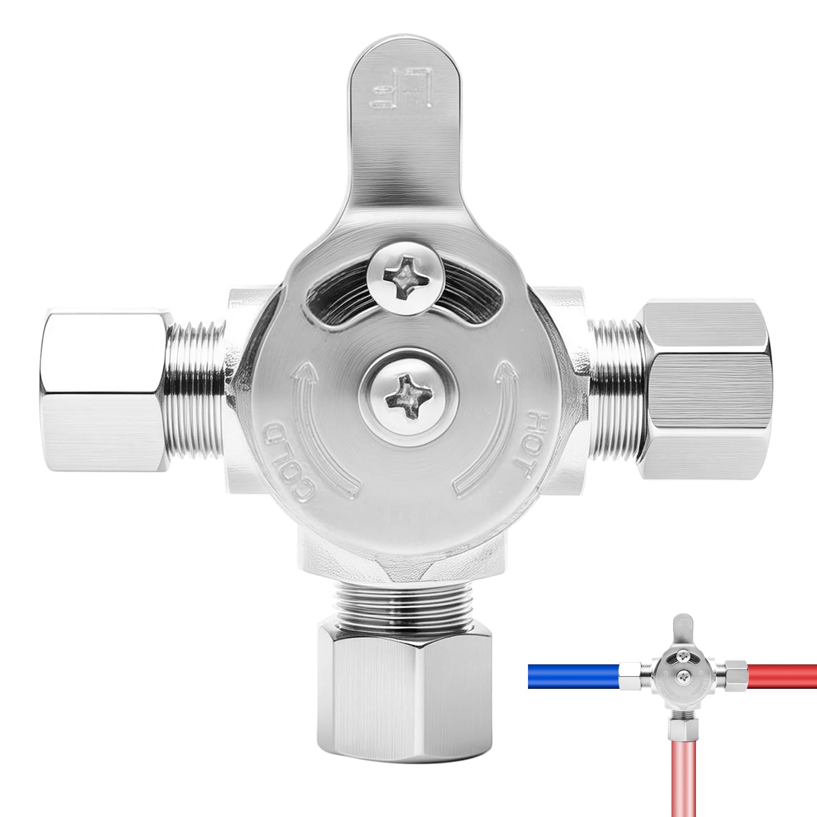 Water Mixing Valve Hot Cold Water Mixer 3/8" Inch Inlets and Outlet Brass Thermostatic Mixing Valve