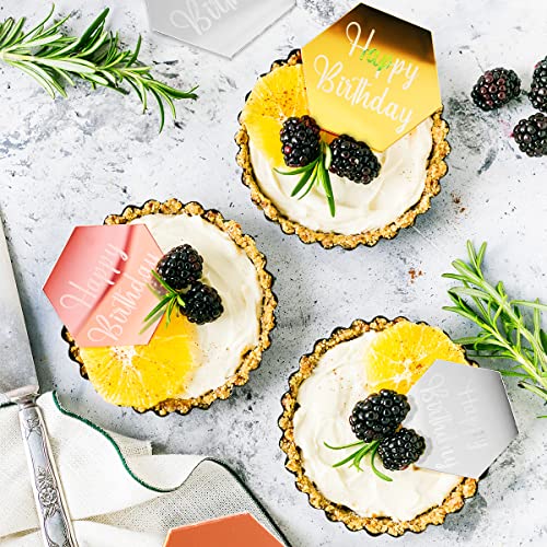 30 Pcs Happy Birthday Cake Disc Acrylic Cupcake Topper Mirror Acrylic Cake Topper Engraved Personalized Cake Topper Mini Acrylic Cake Charm Name Custom Cake Decoration For Birthday Decor (Hexagon) #TOP5