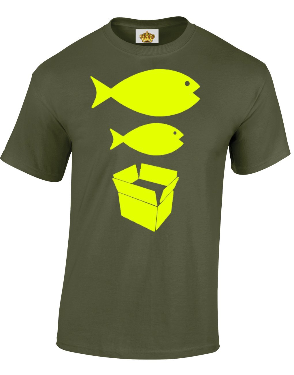 Crown Designs Men's Military Green Big Fish Little Fish Cardboard Box Novelty Gifts For & Teenagers T-Shirts Tops - /Large