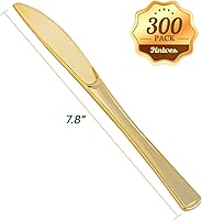 Vista 2 de FOCUSLINE Paquete de 300 cuchillos desechables de plástico dorado, cuchillos de plástico sólido y duradero, cubiertos desechables resistentes