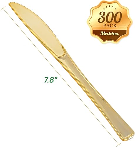 Miniatura 2 de FOCUSLINE Paquete de 300 cuchillos desechables de plástico dorado, cuchillos de plástico sólido y duradero, cubiertos desechables resistentes para