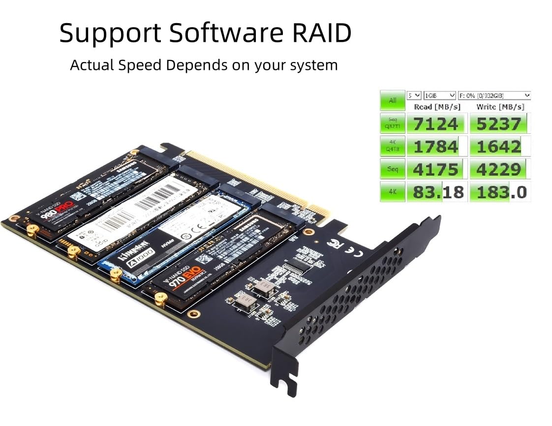 ADWITS Quad NVMe SSD auf PCIe 5.0/4.0/3.0 X16 Adapter, 4-Laufwerk SSD Speichererweiterungskarte, unterstützt Boot/RAID, erfordert PC/Server-Mainboard mit PCIe-Bifurkation