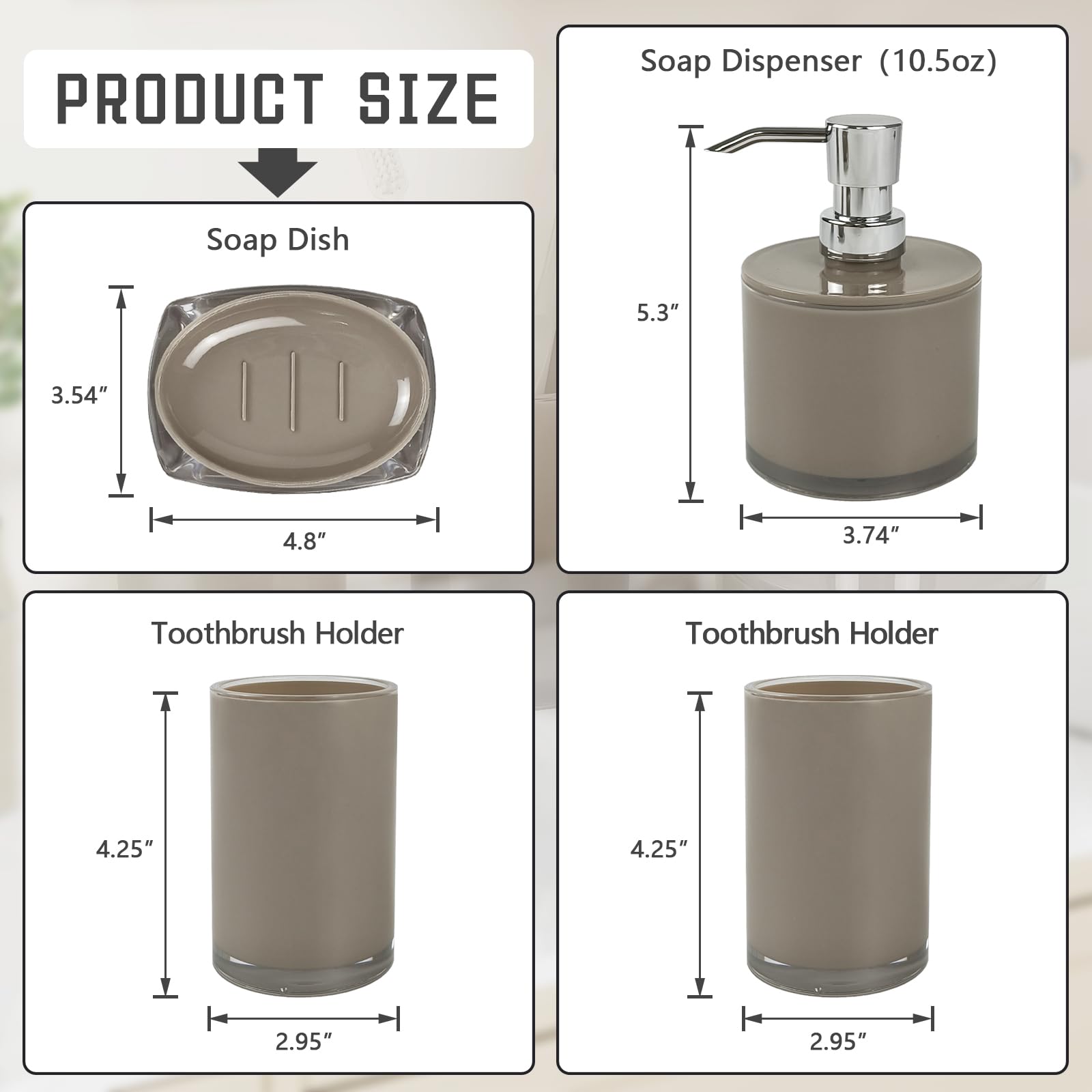Juego de accesorios de baño gruesos, juego de accesorios de baño de 4 piezas con 2 vasos para cepillo de dientes, dispensador de jabón, dispensador de jabón (marrón claro)
