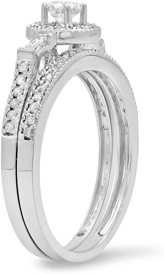Dazzlingrock Collection 0.50 Ctw Round & Baguette Natural Diamond Women Bridal Ring Engagement Set, 14K White Real Solid Gold - Image 2