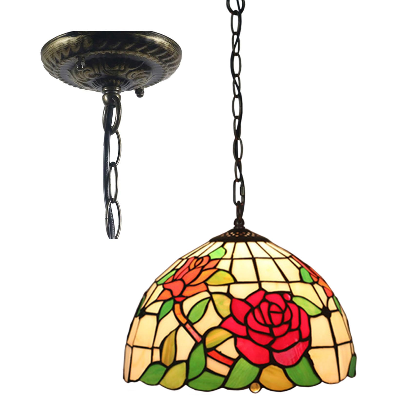 Wdcdyqdh Light/Red/Blue Tiffany Pendant Fixture Rose Stained Glass Lamp Shades Orange Flowers Green Leaf Hanging Vintage Home Decor Chandelier Wide 12" Height 39" For Kitchen Island