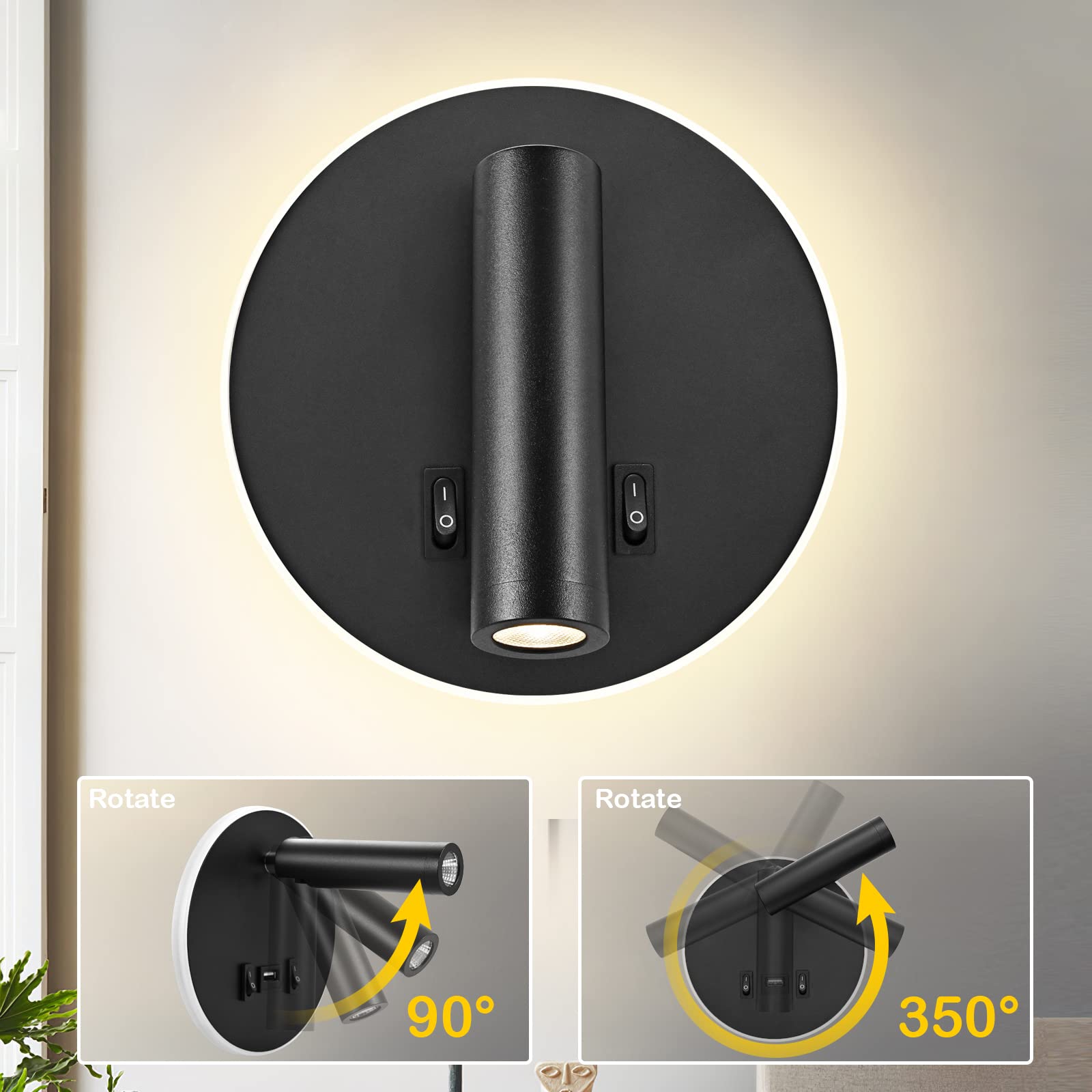 LED wandleuchte mit schalter, Innen Leseleuchte (3 W 3000K + 9 W 3000K), nachttischlampe am Bett wandmontage mit USB Ladeanschluss und Schalter, dimmbares Spot Schlafzimmer Stimmungslicht (2 Schwarz)