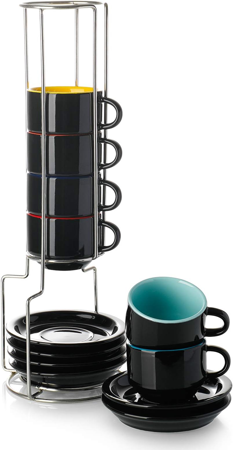 Espresso Cups with Saucers and Metal Stand