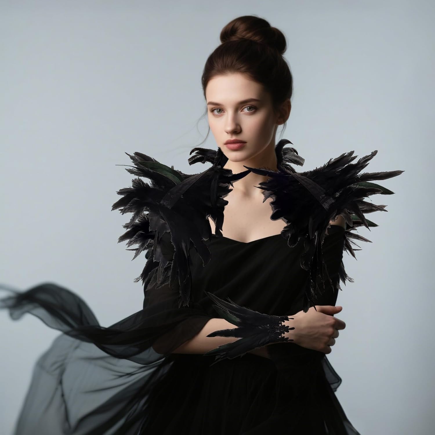 2Pcs Witch Feather Shawl Feather Wrist Cuff Gothic Crow Shrug Shawl Halloween Costume Accessories for Women