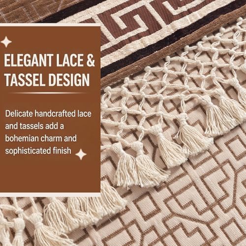 Image of HOKIPO 'Imperial Tassel Series' Thick & Soft Chenille Jacquard Sofa Cover 1 Seater Set for Seat, Back & Arms with Tassels, Russet Brown (IN-1009 + IN-1012-I1*2)