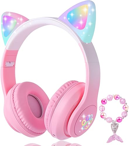 Miniatura 5 de Cat Ear - Auriculares para niños, Bluetooth, con luz LED, modo inalámbricocon cable, con micrófono integrado para la escuelaviajes (morado)