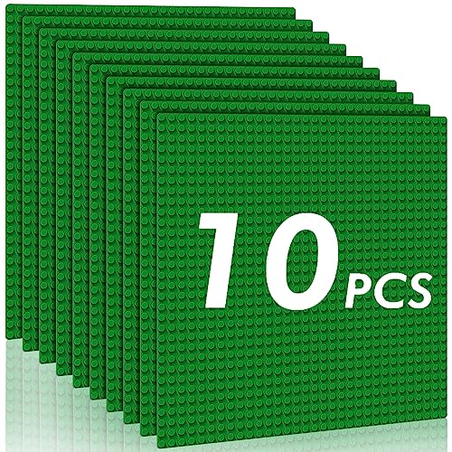 Pokiiulk Classic Baseplates Building Plates-Pack of 10 Large 10' x 10' Building Bricks,Compatible with All Major Brands,Perfect STEM Gift for Builders Age 3+ (Green)