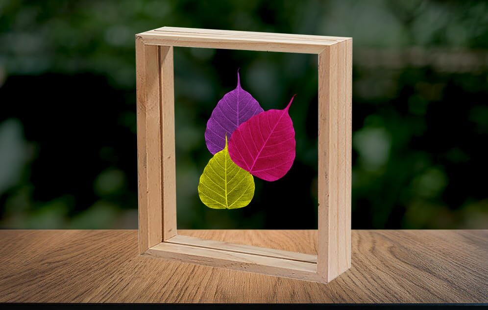 Image of Desi Rang Wooden Frame for Wall Decor Table top Hanging Any Green or dry plant Leaf Picture Photo DIY Gift Home decoration (Natural,Sqr,7x7 inch,with random peepal colored leaf)