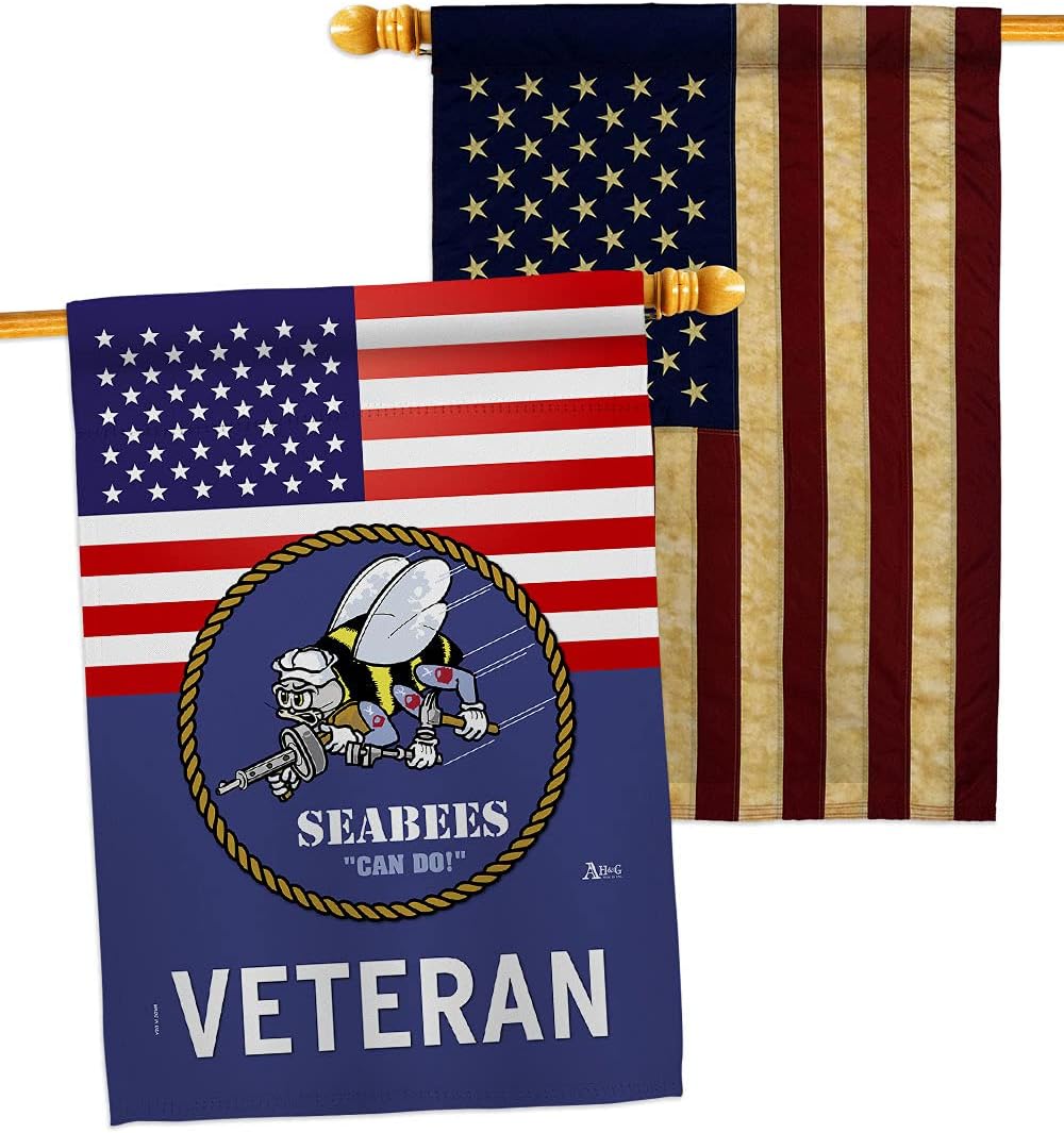 US Seabees Veteran House Flag - Pack Armed Forces Navy USN Seabee United State American Military Retire USA Vintage Applique - Decoration Banner Small Garden Yard Gift Double-Sided Made in 28 X 40
