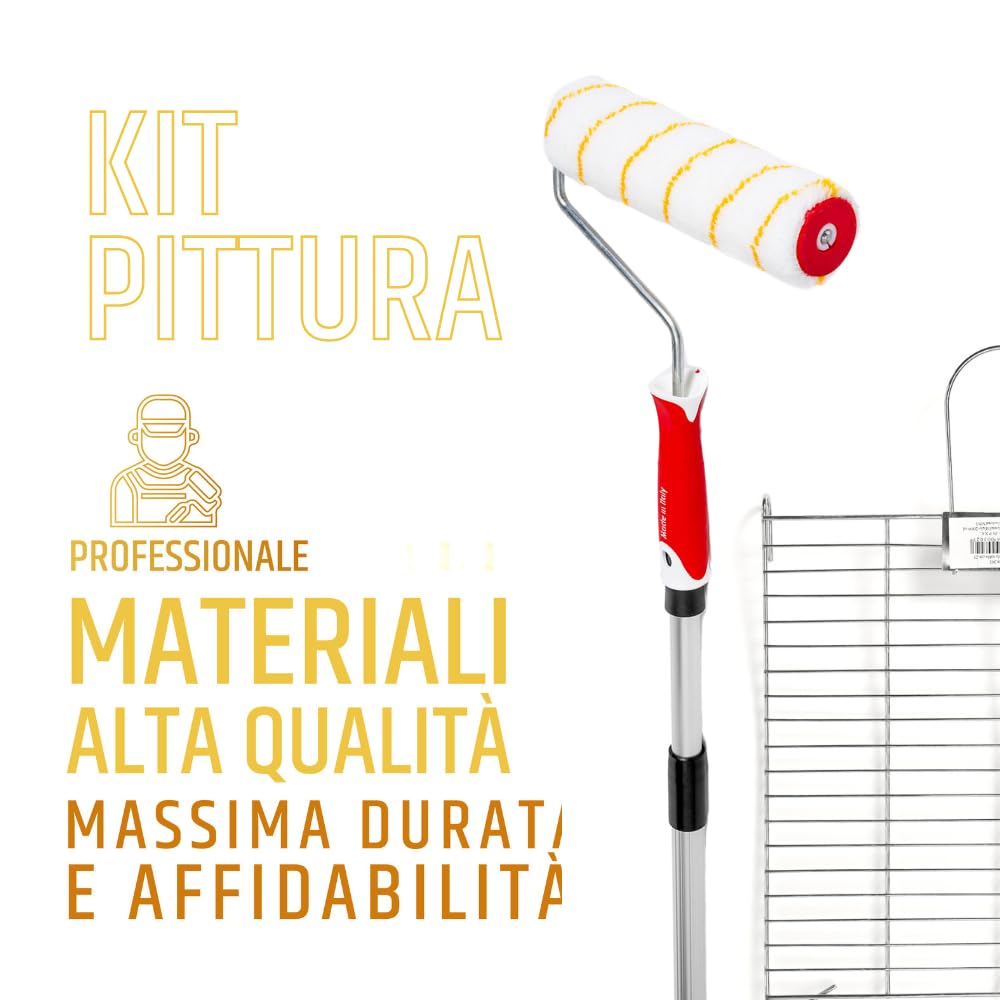 PENNELLIFICIO 2000 | Set Pittura Professionale Composto da Rullo, Asta in Alluminio e Retina in Metallo Scola-Rullo, per Pitture da Interni e Idropitture, Asta da 110 cm a 200 cm
