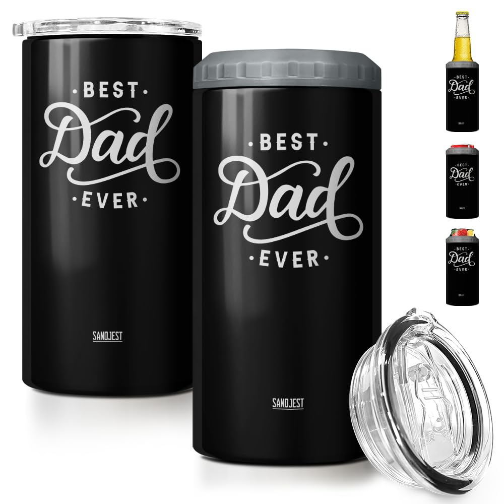SANDJEST 4-in-1 Best Dad Ever Tumbler Gifts For Dad From Daughter Son - 12oz Dad Can Cooler Tumblers Travel Mug Cup - Stainless Steel Insulated Cans Coozie Christmas, Birthday, Father's Day