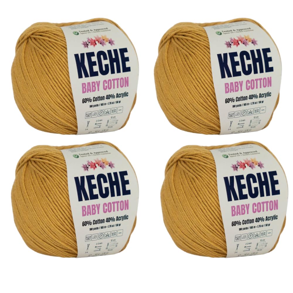 KECHECotton Yarn, 60% Cotton 40% Acrylic Yarn, Soft Cotton Yarn for Crochet and Knitting, Amigurumi Yarn 4 Skeins/Balls [1.76 Oz (50g) / 180 Yrds (165m)] x 4 - Mustard