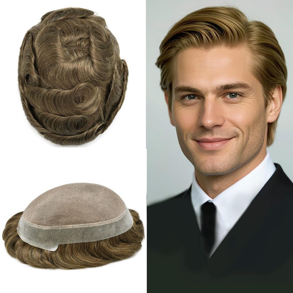 LYRICAL HAIR Men's Toupee - Fine Mono Lace, Durable PU, Human Hair Piece - Male Protheses - 8"X10" - Medium Blonde - 120% Medium Density