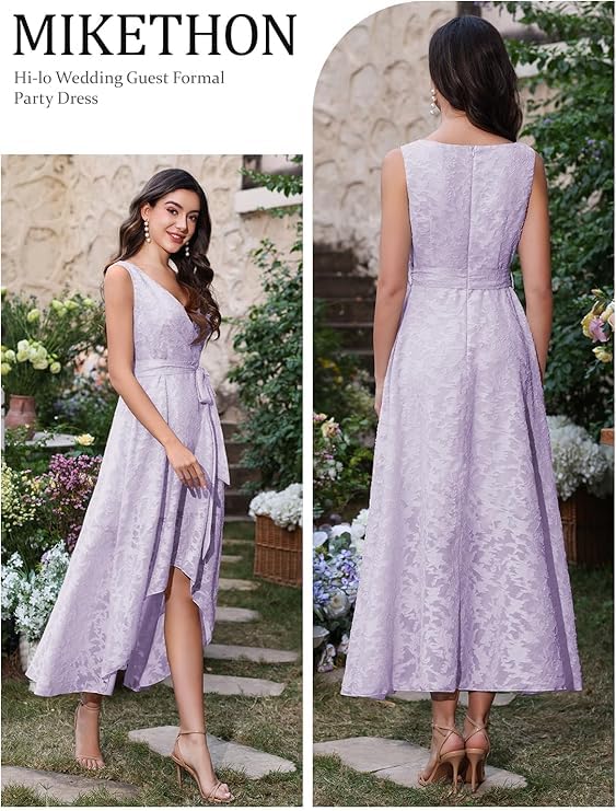 Women's Elegant Wedding Guest Dresses Jacquard Sleeveless A Line High Low Midi Length Formal Summer Dress with Belt2