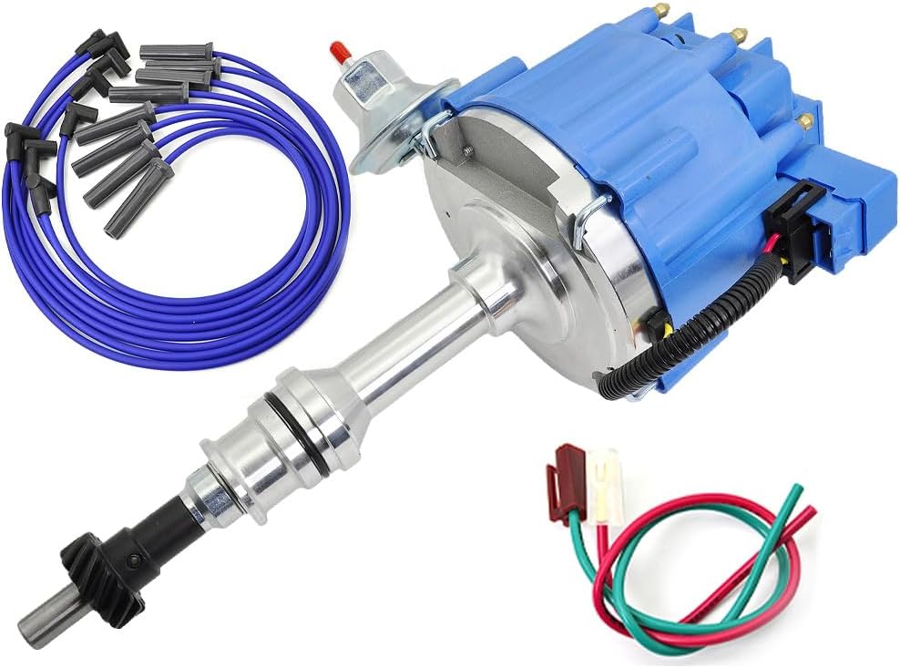 Performance HEI Ignition Distributor w/Cap with Rotor and Spark Plug Wires Compatible with Ford 351C 351M 400 429 460 65,000 KV Coil 7500 RPM HEIi Distributor# JM6506BL 351CBLHEI0 KA-1046013