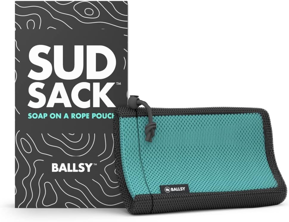 Ballsy Handy Shower Tool - Sud Sack Soap Pouch, Exfoliating Sponge for Baths and Showers - Compatible with Related Bars, Blue