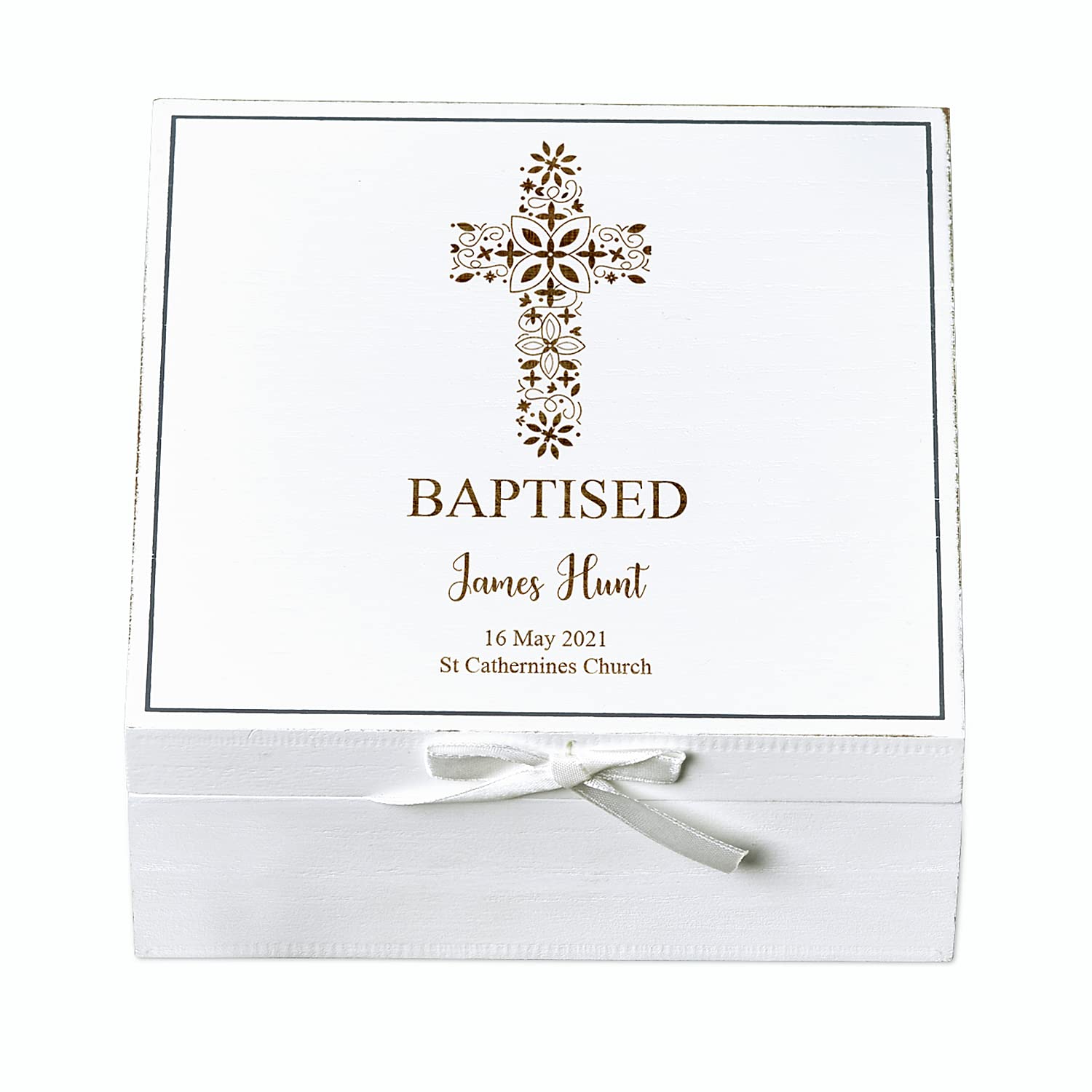 ukgiftstoreonline Personalised Baptism White Keepsake Box With Floral Cross Design