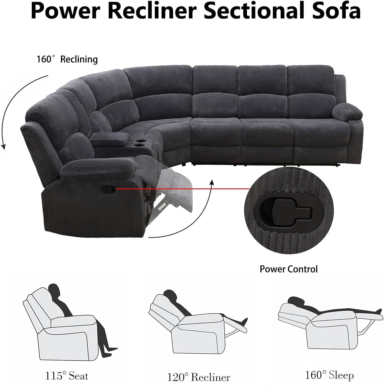 Corduroy Fabric Recliner Sectional Couch, 6 Seat Living Room Furniture, Manual Reclining L Shaped Sectional Sofa for Living Room with Cup Holders&Drop Down Table (Dark Grey)