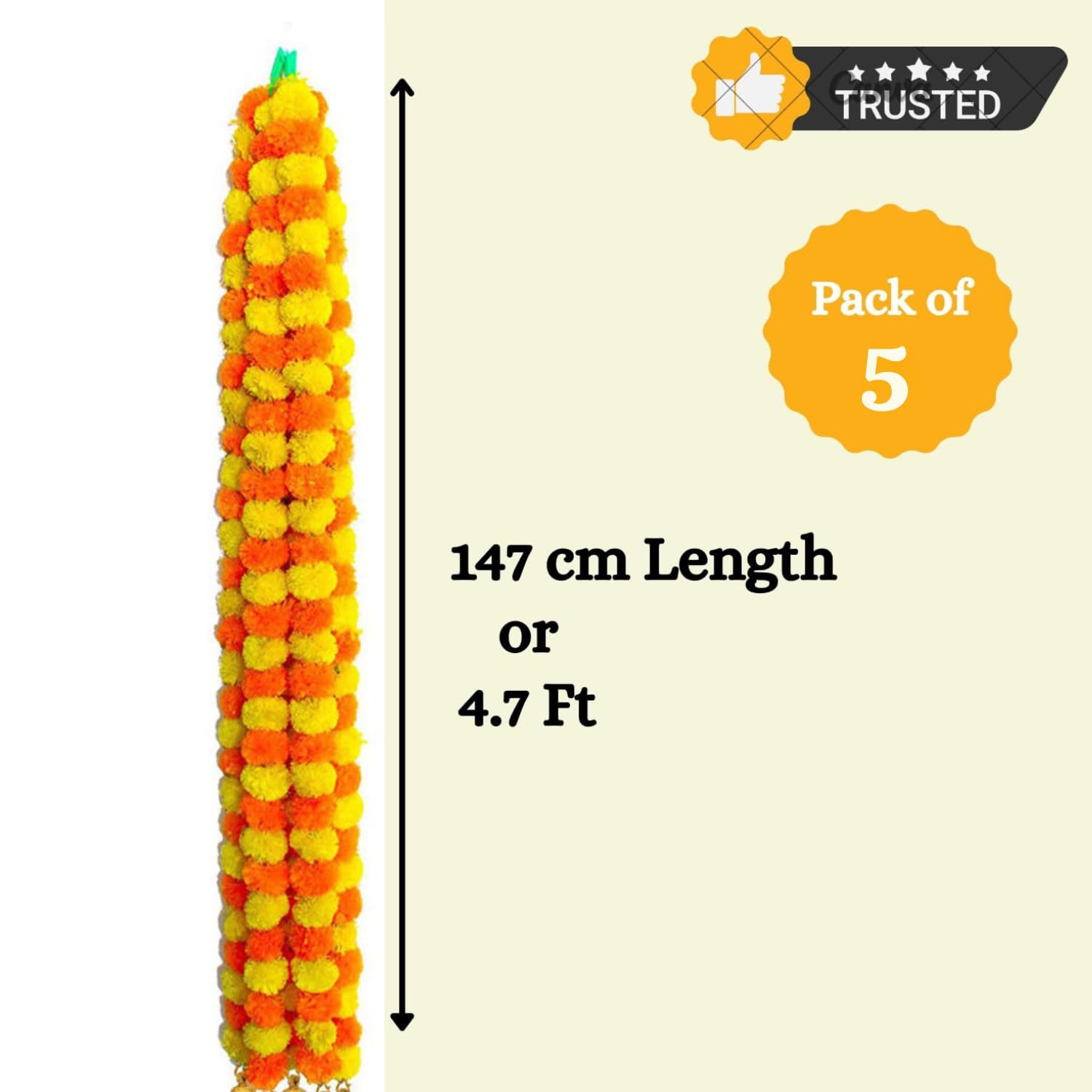 Marigold Garland Flowers - 5 Feet Long, Diwali Decor -2 Marigold Garland Flowers - 5 Feet Long, Diwali Decor -2