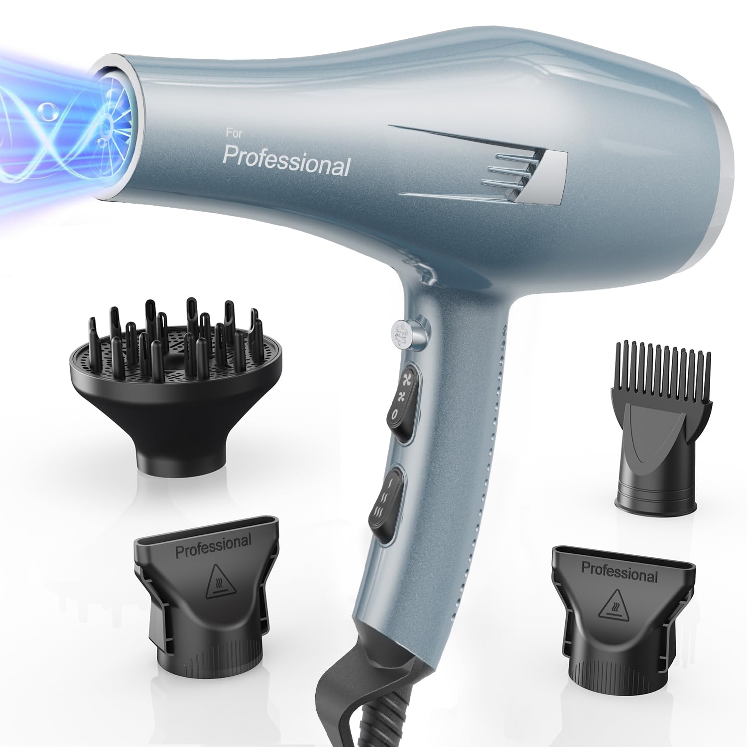 Profi Föhn Ionen Fön Haartrockner Hair Dryer Haarföhn mit 1 Diffusor 2 Stylingdüse, 3 Heiz und 2 Geschwindigkeitsstufen, 1.9 Meter langes Netzkabel, Starker Fön für Familie (blau) (Hellblau)