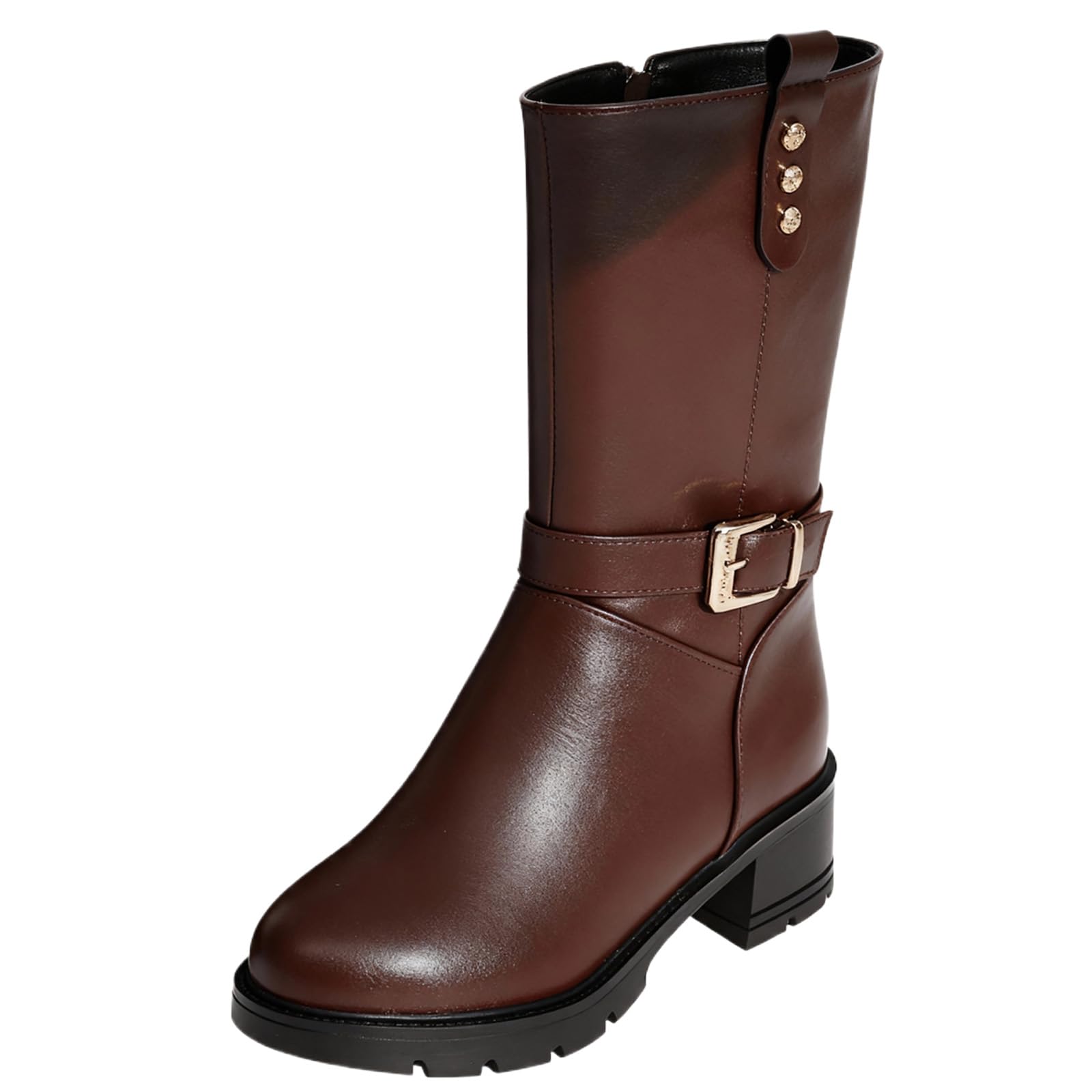 Womens Leather Metal Buckle Block Heel Mid Calf Boots Fashion Comfortable Warm Fluff Round Toe Side Zipper Lug