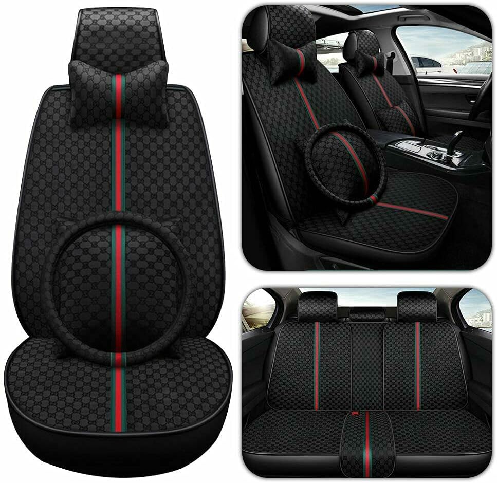 Car Seat Covers Full Set, Car Seat Covers with Headrest ,Lumbar Pillow and Steering Wheel Cover Vehicle Cushion Cover for Cars SUV Pick-up Truck Universal Fit Set for 5 Seats Car (Black) : Automotive