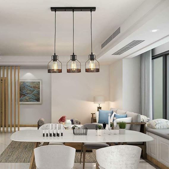 LEDSone LEDSone Industriële hanglamp, 3-lichts, metalen kooi, hanglampen, 50 cm, plafondstang, 95 cm, verstelbare koorden voor keukeneiland, eetkamer, bar, caféverlichting photo 2