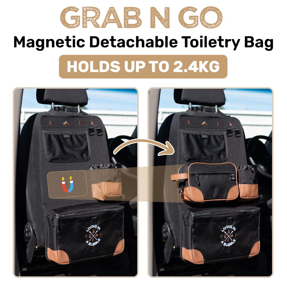 Image of Living in a Bubble Seat back Organizer - Magnetic Toiletry and Cooler Pouch, Cordura Car Backseat Storage with Device Holder & Hooks, Multi-Compartment Utility Bag for Campervans & Family Travel